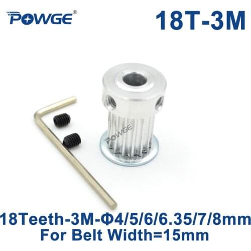 POWGE 18 Teeth 3M Timing Pulley Bore 4/5/6/6.35/7/8mm for Width 15mm HTD 3M Synchronous belt HTD3M pulley Gear wheel 18T 18Teeth
