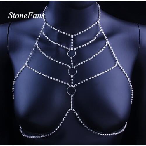 StoneFans Gift Sexy Body Chain Bra Jewelry Open Round Top Body Chains Rhinestone Harness Party Club Charming Women Jewellery
