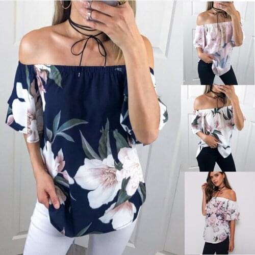 BYUAN NEW Print T shirt Women Slash Neck Fashion Summer Flower Women T-Shirt 2018 Flare Sleeve Top Tees Ladies tshirts