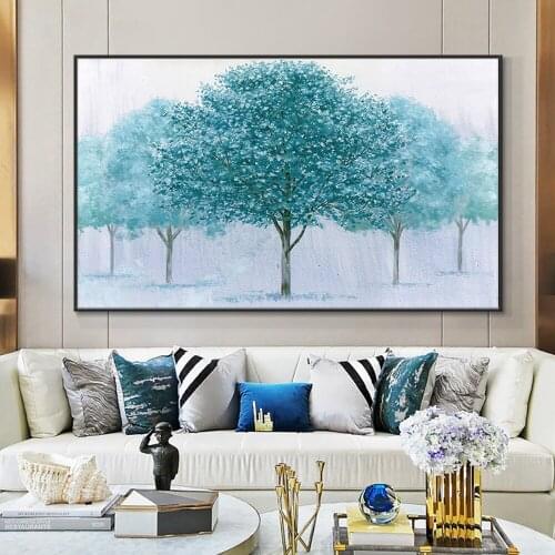 Abstract Large Size Blue Trees Oil Painting 100% Handmade Canvas Painting Landscape Plant Wall Art For Living Room Home Decor