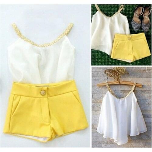 Fashion Baby Kids Clothes Girls Outfits Chiffon Sleeveless Top Shirt+ Yellow Pants Shorts Summer Girls 2pcs Outfits Set