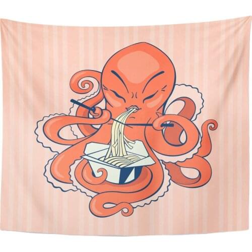 Cartoon Asian Cute Octopus Eating Noodles Box Character Chopsticks Eat Home Decor Tapestry Wall Hanging for Living Room Bedroom