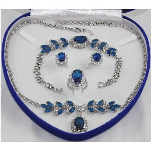 Plated Inlay Blue crystal Necklace Bracelet Ring Earring set no box