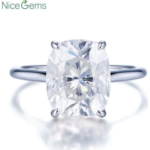 NiceGems 14K White Gold 5 CT Cushion Shape Crushed Ice Cut Moissanite Engagement ring 4 prong D Color For Wedding anniversary