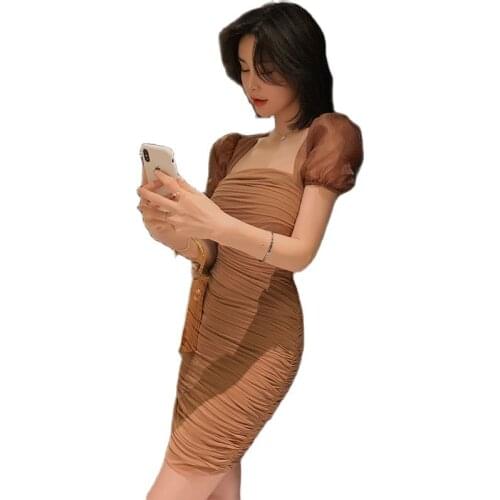 Womens 2021 summer dress pure sexy mesh pleated square neck bubble short sleeve retro ruffled zipper hip wrap skirt