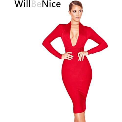 WillBeNice Women Bandage Dress Red White Bandage Dress Bodycon Bandage Deep V Neck Women Long Sleeve Bandage Dress Party Dress