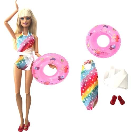 1 Set Doll Swimsuit Bikini Swimming Dress + Random Swim Ring + 1x Slippers Clothes for Barbie Doll Kids Toy