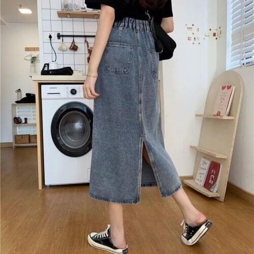 2021 Women Spring Vintage Button Falda Female Solid Plus Size Elastic High Waist A-line Denim Skirt Lady Casual Loose Skirt K274