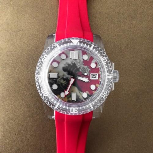 Watch 40mm Acrylic Case Silicone Strap Red Assembly NH35 Automatic Movement Modification Watch Green Luminous