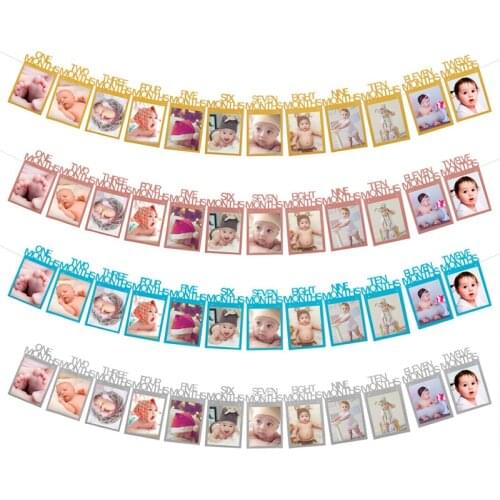 12 Months Photo Frame Banners Baby First Birthday Boy Girl Birthday Party Decorations Kids Favors My 1 One Year Party Supplies