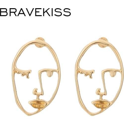 BRAVEKISS Statement Gold Cool Face Stud Earrings For Women Vintage Metal Chic Body Statement Big Earring Girls Bijoux BPE1409