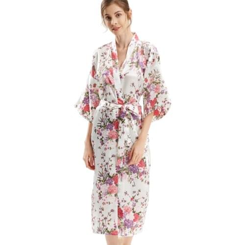 Womens Silky Long Satin Robe for Women Long Bridal Bridesmaid White Cherry Flowers Kimonos Robes Lightweight Sleepwear Dressing