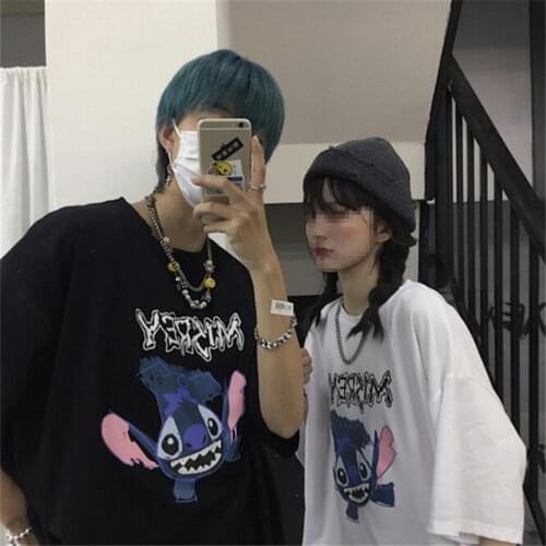 Harajuku Short Sleeve White T Shirt Fashion Lio Stitch Print T-shirt Men and Women Cartoon Top Tees Casual Loose Unisex Clothing