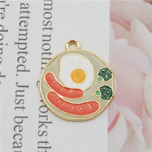 Julie Wang 4PCS Enamel Breakfast Charms Alloy Gold Tone Sausage Fried Egg Artificial Food Pendants Jewelry Making Accessory