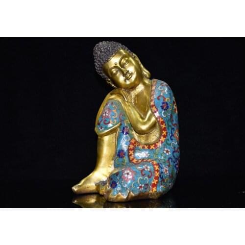 9"Chinese Folk Collection Old Bronze Cloisonne Shakyamuni statue meditation Sleeping buddha Ornaments Town House Exorcism