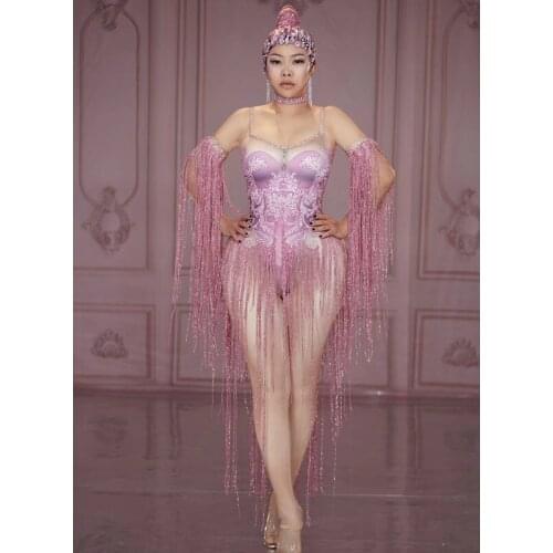 Women Nightclub Crystal Stretch Bodysuit Pink Tassel bodysuit Rhinestone Stage Jumpsuit Pole Dance Leotard