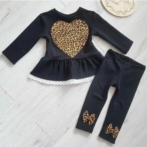 Newborn Baby Girls Clothes Sets 1-6Y Leopard Print Lace Long-Sleeved Love Tops Trousers Pants Winter Clothes 2PCS