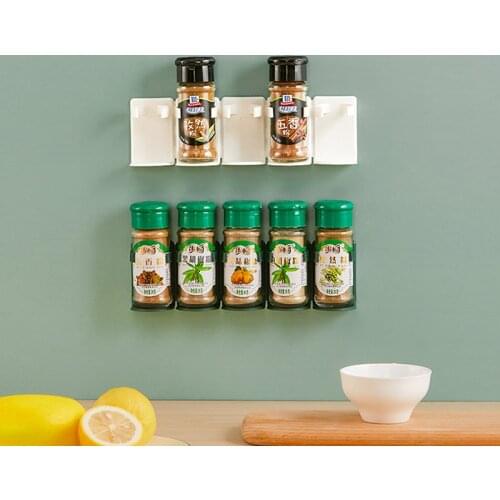 Kitchen Storage Rack Wall Mounted Ingredient Spice Bottle Shelf Plastic Clip Rack Cabinet Door Hooks Jars Spice Holder Tools