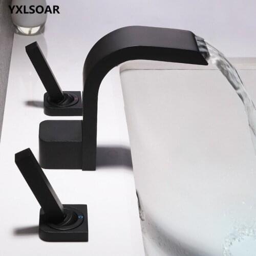 Bathroom Basin Faucet Brass Sink Mixer Tap Hot and Cold Widespread Waterfall Faucet Bathroom Mixer Crane Black Square Faucet