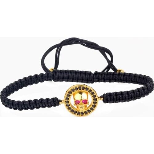 Trendy Charm Cycled Round Red Eye Skull Head Charms Black Rope Knots Marcame Bracelet Bangles For Man Jewelry Unisex Gift