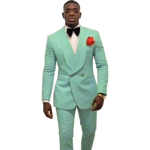 Fashion Mint Green Mens Patterned Suit Slim Fit 2 Pieces Double-breasted Groomsmen Tuxedos Blazers For Wedding(Blazer+Pants)