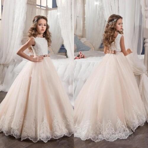 Champagne Flower Girl Dress 2017 ball gown Tulle Beaded Kid Evening Gown Pageant Dresses for Little Girls vestido daminha