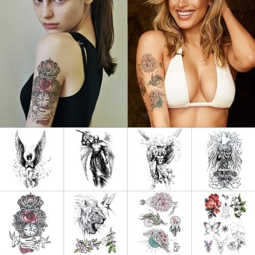 Half arm temporary tattoo sticker Demon killer Angel jesus Black ink body sticker tattoos Red flower butterfly waterproof tattoo