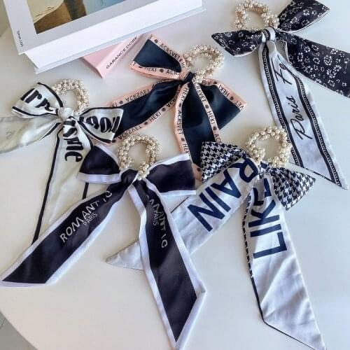 Fashion Pearl Hair Bands Bow Satin Long Ribbon Ponytail Scarf Hair Tie Women Girls Elastic Hair Bands Hair Accessories