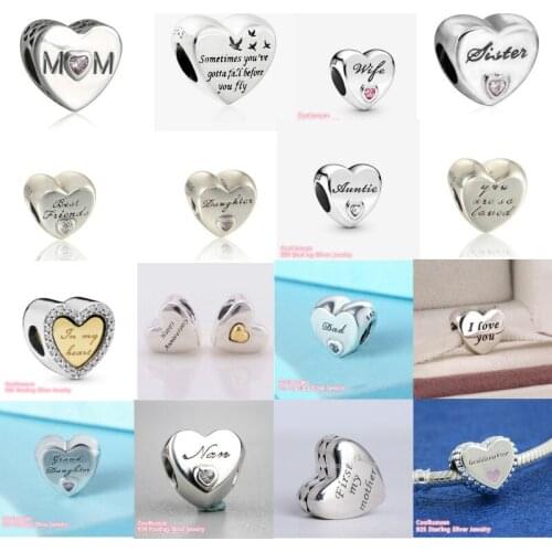 925 Sterling Silver Beads Daughters Best Friends Auntie Dads Freedom Goddaughter Gold I Love You Mother Heart Pink CZ Charm