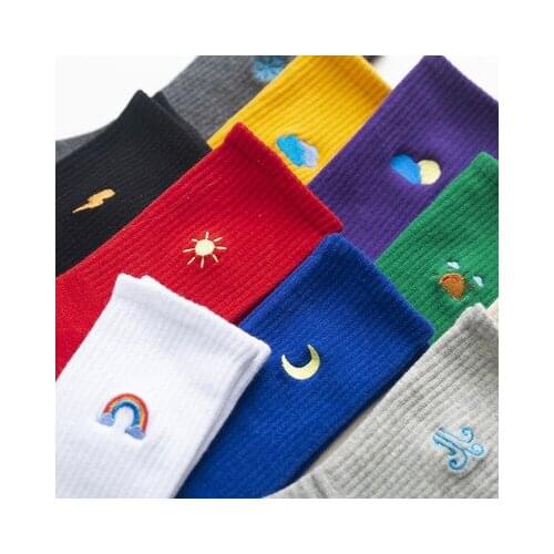 Weather Socks Unisex Women Embroidery Sunny Rainbow Men Cotton Middle Tube Socks Candy Colors Mujer Accessories Girls Footwear