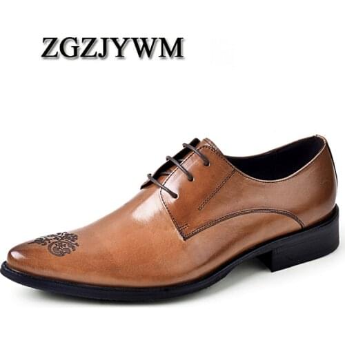 ZGZJYWM Breathable Mens Business Lace-Up Black/Brown/Red Pointed Toe Formal Carved Genuine Leather Wedding Oxfords Office Shoes