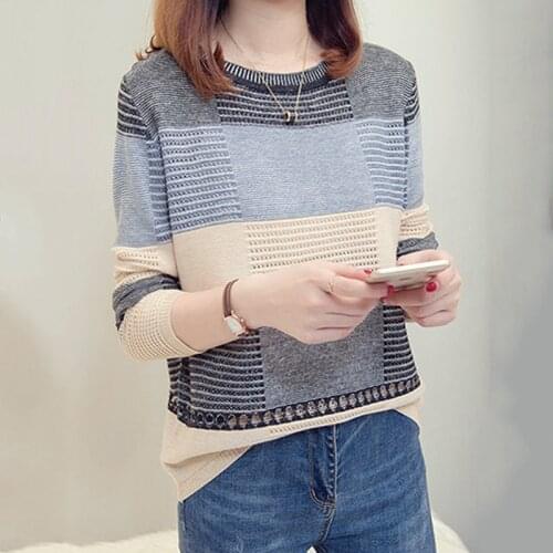 Korean Style Womens Autumn Spring Sweaters Patchwork Kniited Ladies Tops Pull Jumpers o Neck with Long Sleeve Casual Pullovers