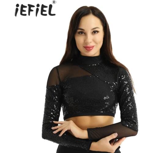 Iiniim Women Ladies hip hop Shiny Sequins Keyhole Back Unique Mesh Spliced Crop Top for Party Jazz Ballroom Dancewear Clubwear