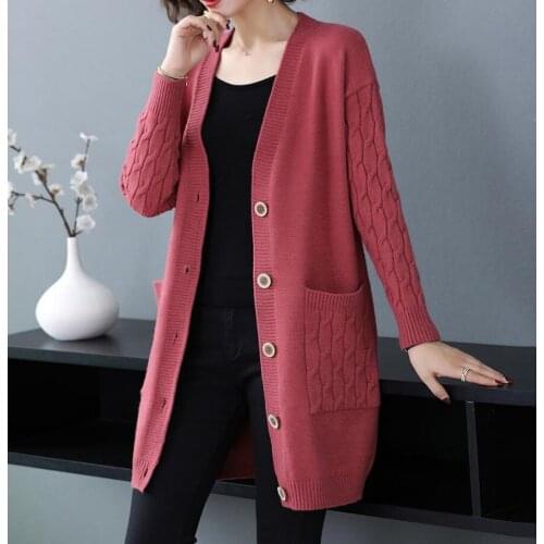 Vintage Sweater 2021 Autumn Women V Neck Solid Loose Knitwear Outerwear Single Breasted Casual Knitted Cardigan Pull Femme G706