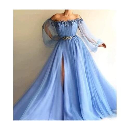 2021 Applique Flowers longo Formal Evening Dress Long Sleeve Tulle A-Line Mint Green Prom Dresses robes de soirée