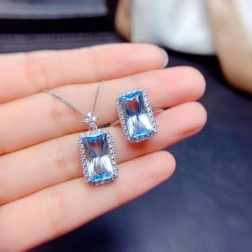 100% Natural and Real Blue Topaz jewelry set 925 sterling silver 1pc pendant,1pc ring