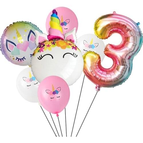 7pcs/lot Unicorn Balloon Rainbow Gradient 32 inch Number 1 2 3 4 5 Kids Birthday Party Baby Shower Decor Globos Helium Balloons