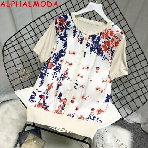 ALPHALMODA New Printed Satin Top Womens Loose Fashion Knit Tshirt Short Sleeve Single Breast Pullovers Sweater Shirt
