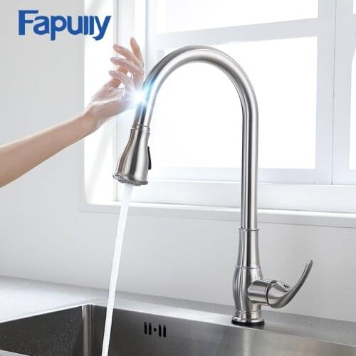 Fapully Smart Touch Control Kitchen Faucet Brushed Black Sensitive Mixer Touch Induction Faucet Pull Down Sink Tap Crane CP1051