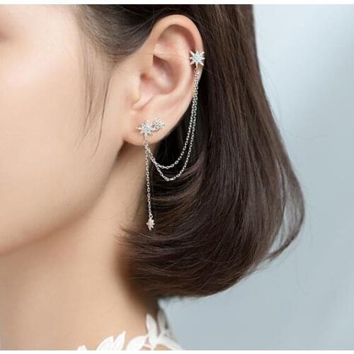 ONLY 1PC Authentic 100% 925 Sterling Silver Jewelry Ear Clip Cuff Tassel cz Star Astral starburst Hoop HUggie Earrings gtle2910