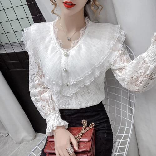 V-neck long-sleeved lace shirt 2021 spring and autumn new net yarn ladies Western casual all-match blouse