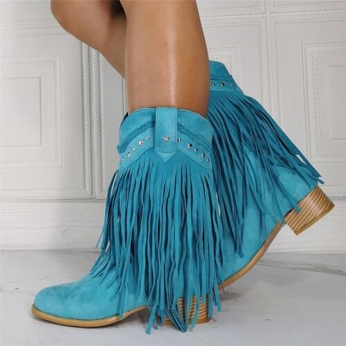 Fashion peacock Green Suede Tassel Martin Boots Ladies Rivets Studs Chunky Heels Roman Slip On Fringed Booties