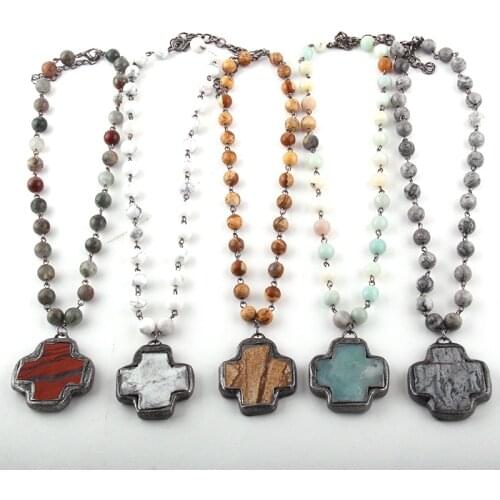 Fashion Jewelry Natural Stone Rosary Chain Stone Cross Choker Necklaces Women Ethnic Necklace
