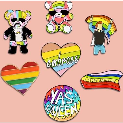 Rainbow Love Brooches LGBT Bear Wears Sunglasses Man Holding Flag Embrass "I Study Rainbows " For Men Women Pins Pendenties