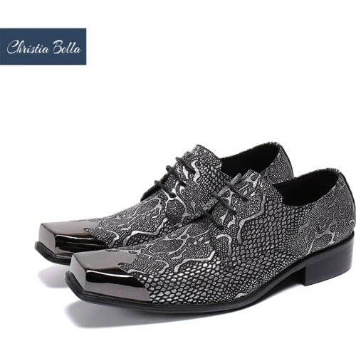 Christia Bella Silver Print Formal Men Brogue Shoes Plus Size Real Leather Oxford Shoes Wedding Prom Lace Up Dress Shoes Male