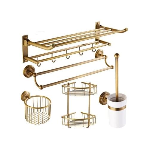 5 Piece suit Brass bathroom accessories shelf, Antique bathroom shelf hooks towel bars set, copper bathroom accessories set