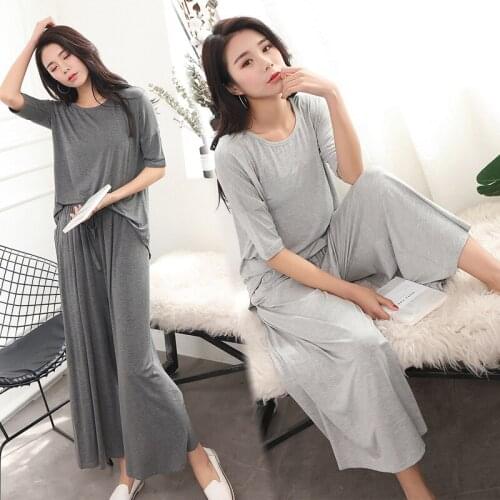 Summer Spring Women Pajamas Two-piece Set Girls Loose Sleepwear Wide Leg Pant Suits Plus Size Cotton Short Sleeve Soft Homewear