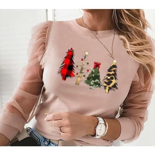 Women Christmas Tree Print Blouse Sexy Mesh Long Sleeve Autumn Top MX0093A