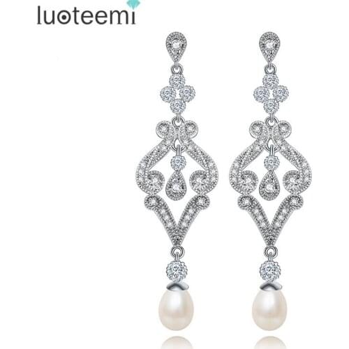 LUOTEEMI Fashion Accessories Vintage Jewelry Micro Inlay AAA Cubic Zirconia Wedding Imitation Pearl Dangle Earrings For Women