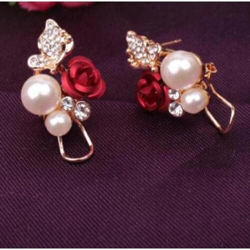 Hot Gold Stud Earrings For Women Crystal Rose Flower Simulated-pearl Earring Cute Pendientes Brincos Orecchini